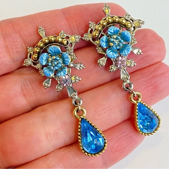 Vintage 1928 Blue Floral Drop Earrings Pink Accent Teardrop Crystal 2" - Picture 1 of 9